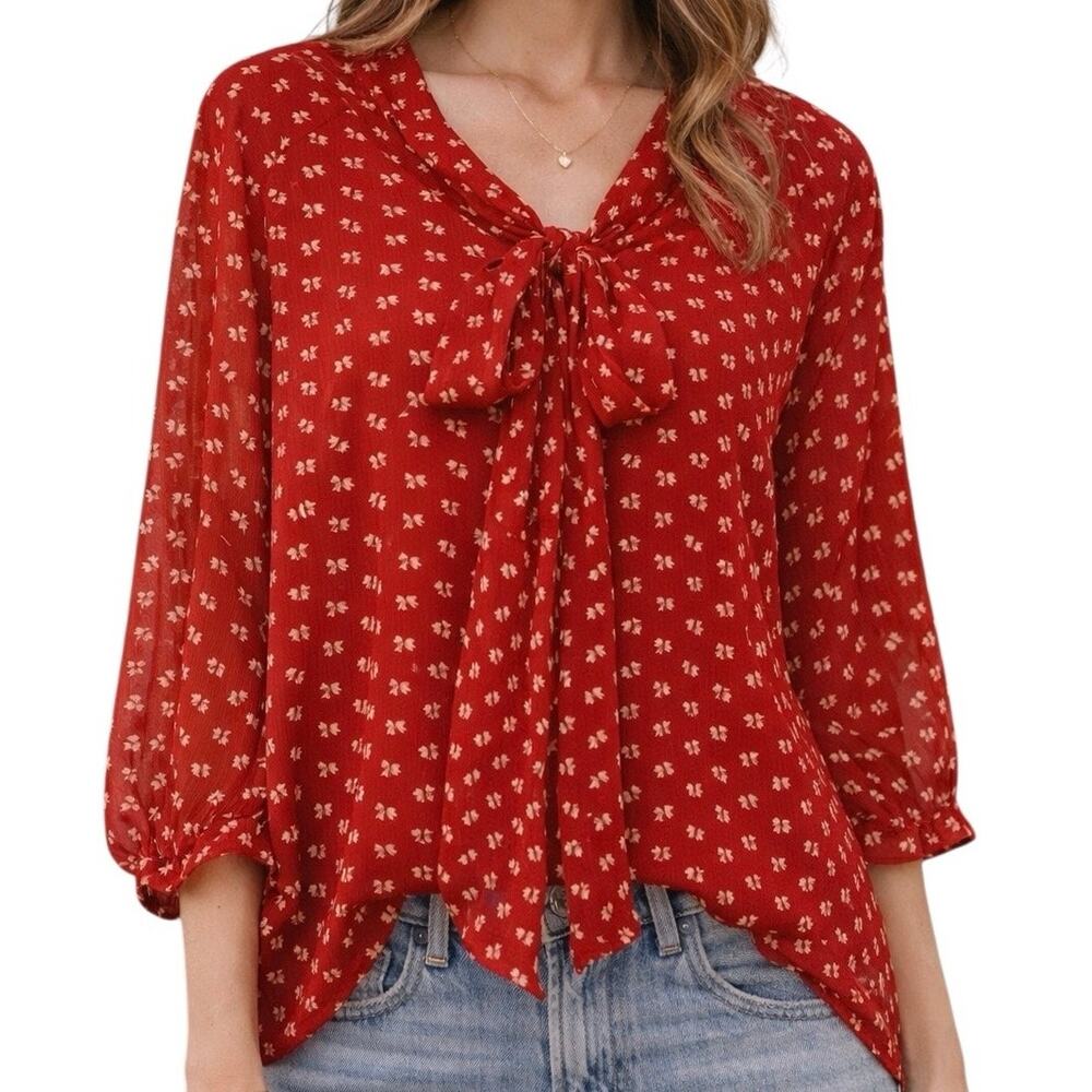 Pins and Needles Anthropologie Red Sheer Bow Print Blouse Small Tie Neck Top